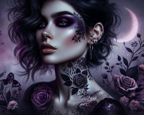 Portrait of a Woman with Dark Hair and Floral Tattoos
