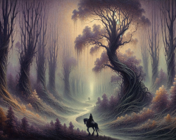 Enchanted forest pathway with mist and twisted trees