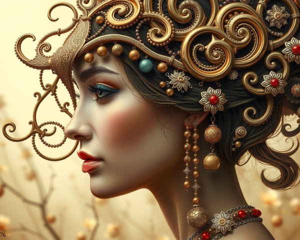 Profile of a Woman with Golden Hair Accessories