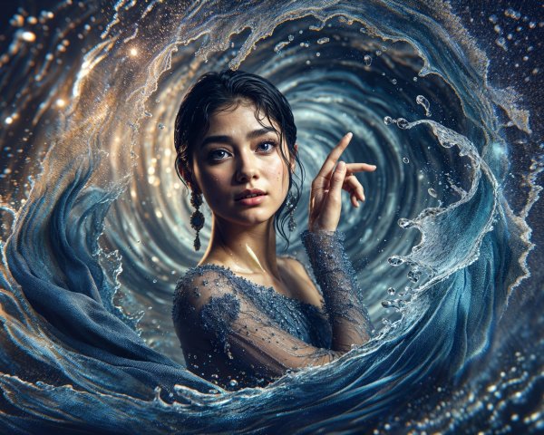 Young woman in ethereal gown surrounded by water spiral