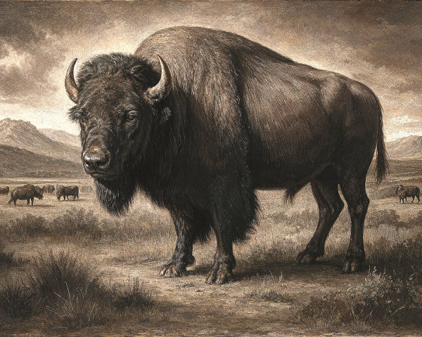 Bison in a Rugged Landscape Under Dramatic Sky