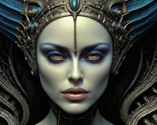 Woman with violet eyes and cybernetic elements