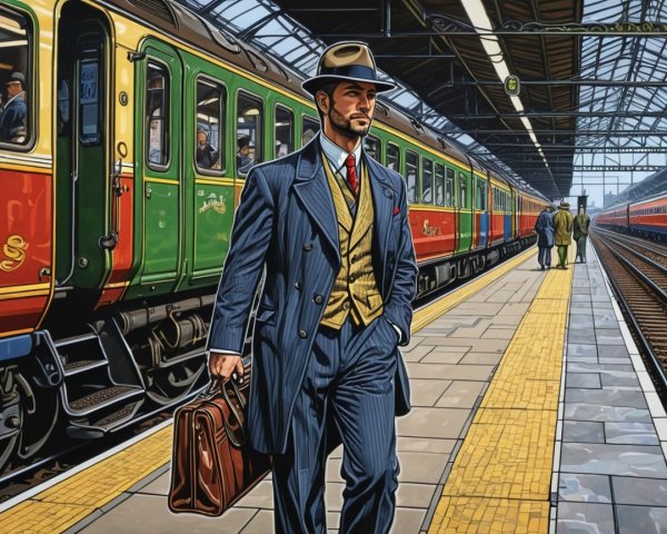 Elegant Man in Pin-Striped Suit at Vibrant Train Station