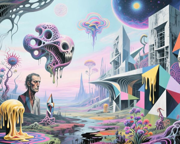 Psychedelic Landscape with Surreal Elements and Figures
