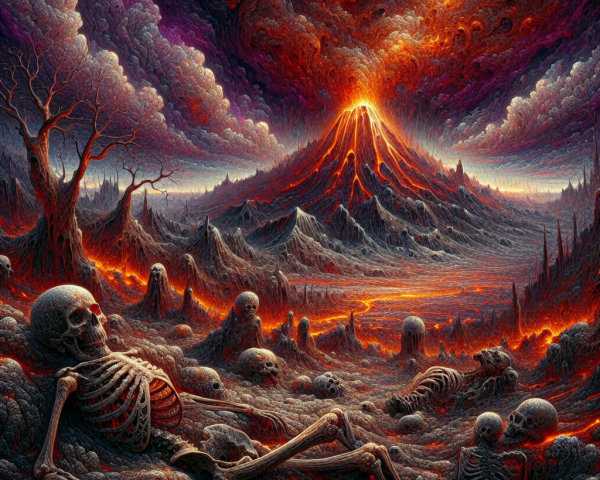 Surreal Landscape with Erupting Volcano and Skeletal Remains
