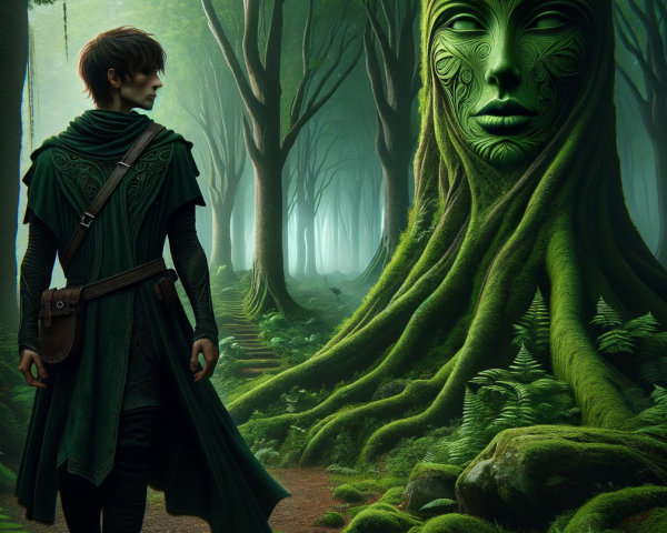 Young man encounters a colossal tree in a mystical forest