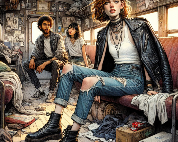 Retro Subway Car with Stylish Young Adults and Graffiti