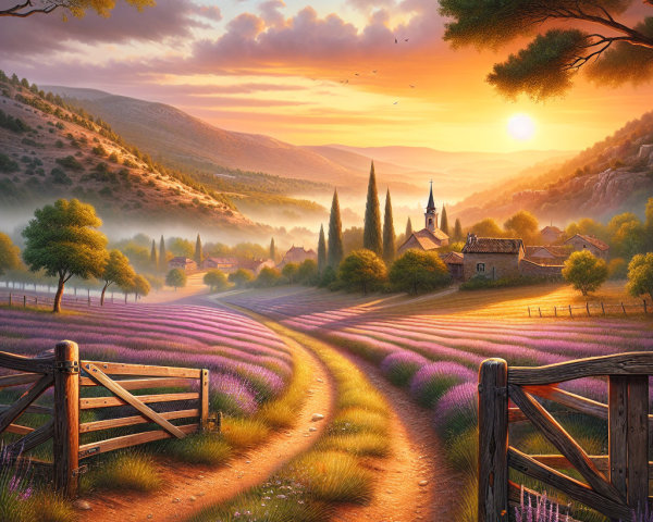 Serene Sunset Landscape with Hills and Lavender Fields