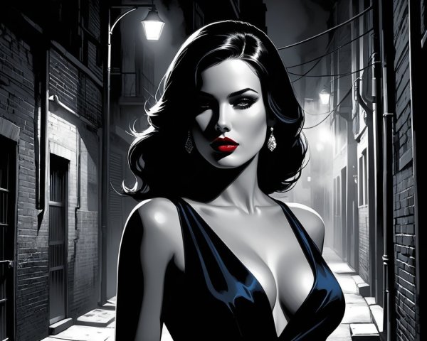 Noir-Inspired Scene of a Glamorous Woman in Black Dress