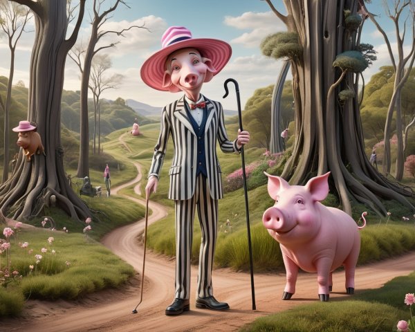 Whimsical Landscape with Cartoon Pigs in Striped Suits