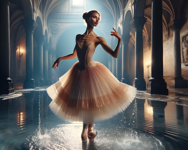 Ballerina in Elegant Space with Shimmering Water