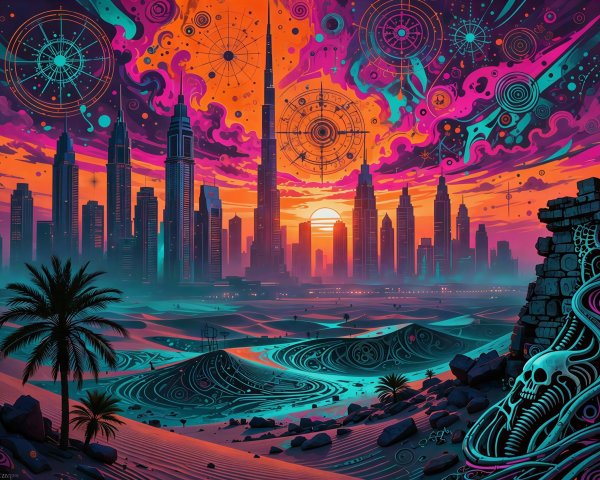 Surreal Colorful Desert Landscape with Futuristic City