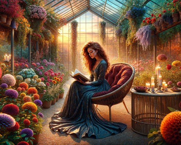 Young Woman Reading in a Flower-Filled Greenhouse