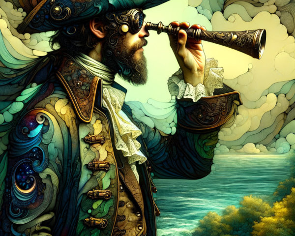Whimsical Pirate on Coastal Cliff with Telescope