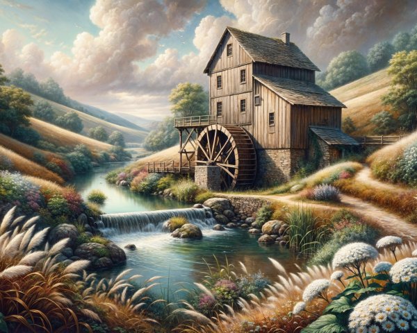 Rustic Wooden Mill by Flowing River in Countryside