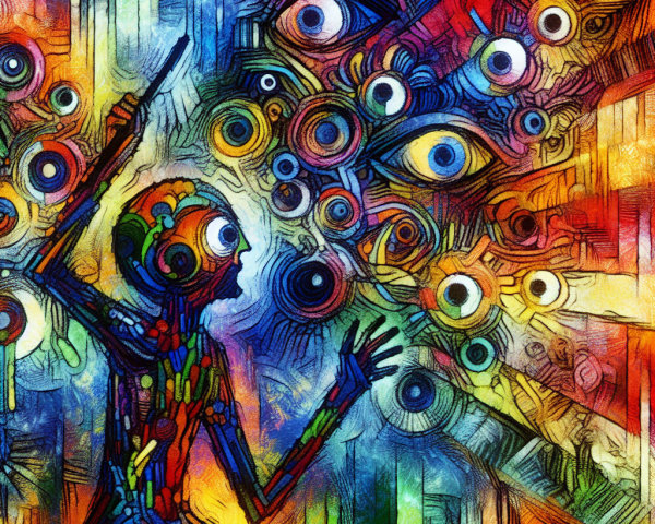 Abstract Figure with Wand Surrounded by Colorful Eyes