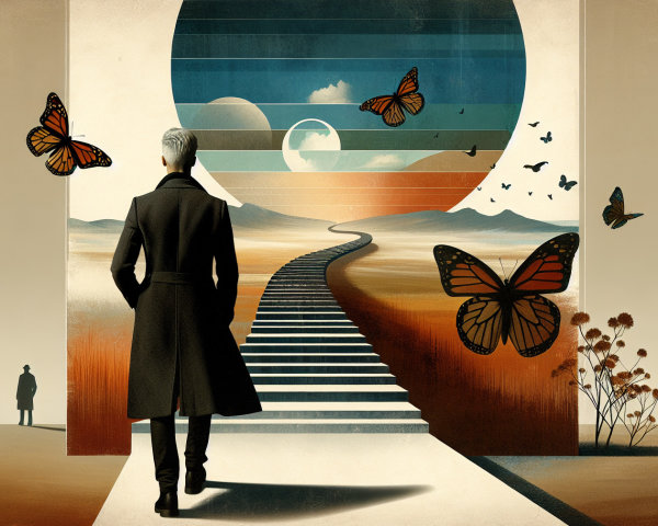 Surreal Landscape with Figure and Monarch Butterflies