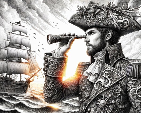 Black-and-white illustration of a naval captain at sea