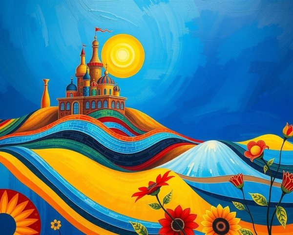 Colorful Landscape with Whimsical Castle and Flowers