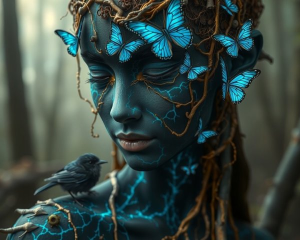 Humanoid Figure with Blue Skin and Nature Elements