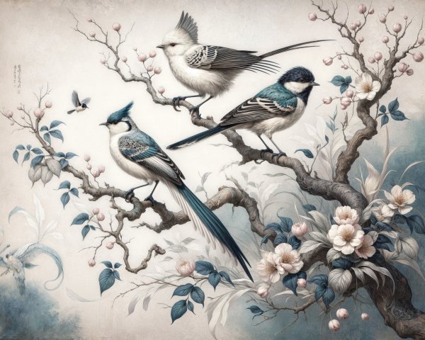 Colorful Birds on Cherry Blossom Branch Illustration