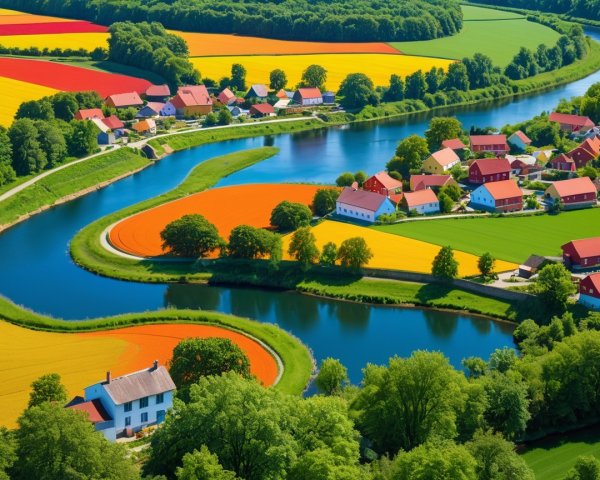 Vibrant Landscape with River and Flower Fields