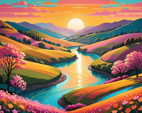 Vibrant Landscape with Hills, Wildflowers, and River