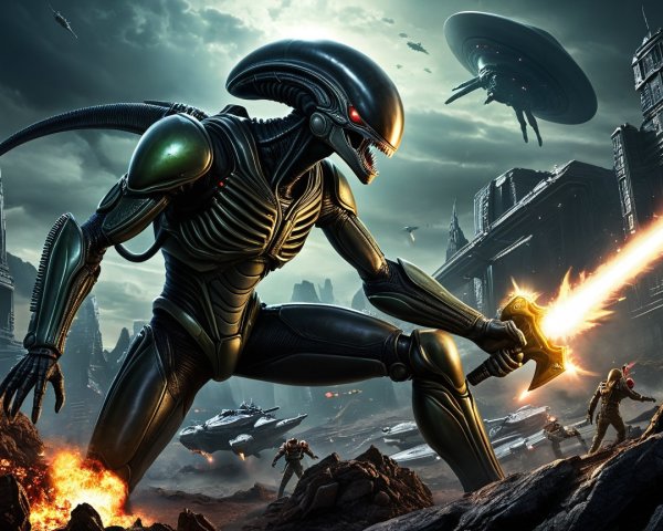 Futuristic Dystopian Scene with Alien Creature and Battle