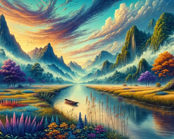 Serene Landscape with Vibrant Flora and Mountains