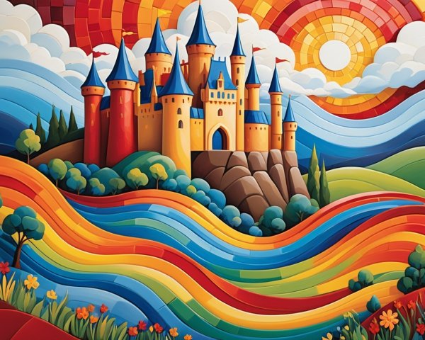 Whimsical Landscape with Colorful Castle and Streams