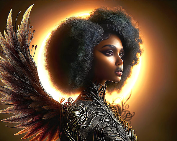 Figure with Afro and Metallic Wings in Radiant Aura