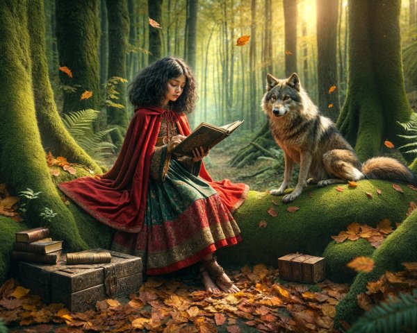 Young girl in red cape reading in a sunlit forest