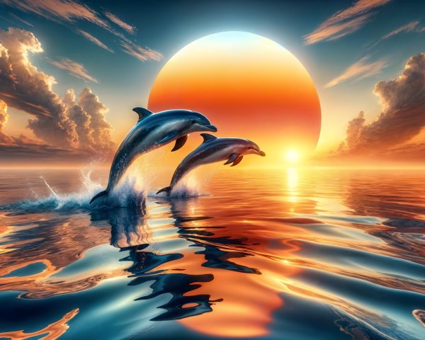 Dolphins Leaping at Sunset Over Vibrant Ocean Waters