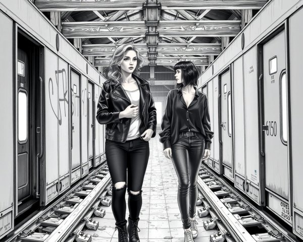 Confident Women in Monochromatic Subway Setting