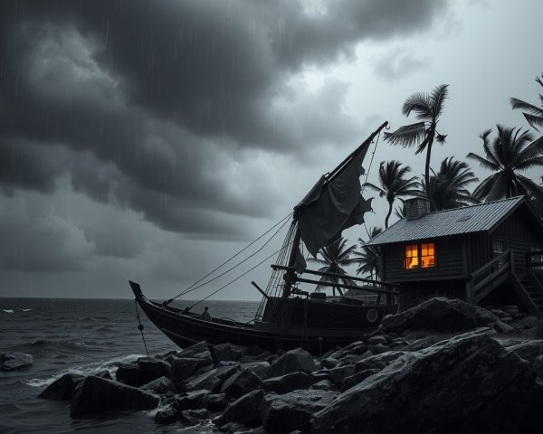 Solitary Fishing Boat on Rocky Shores Under Overcast Sky