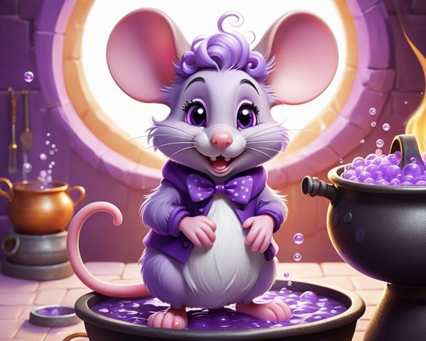 Purple Mouse in Whimsical Kitchen with Bubbles