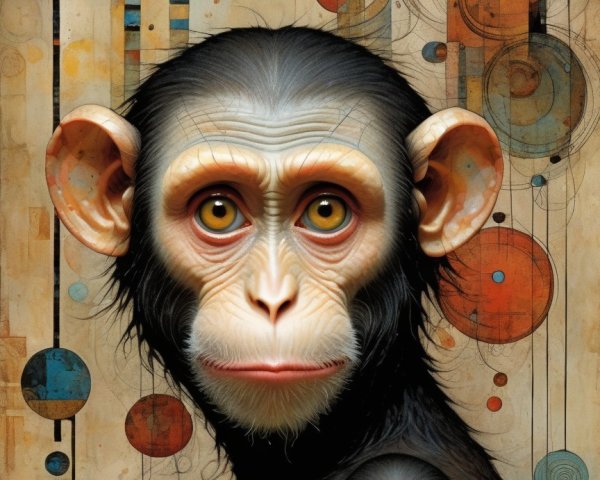 Stylized depiction of two expressive monkeys with fur