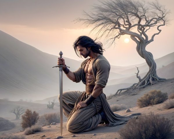 Muscular Warrior in Desert at Sunset with Sword