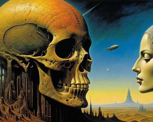 Surreal Landscape with Giant Skull and Futuristic Woman