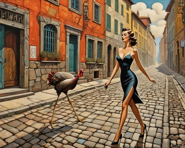 Glamorous Woman in Black Dress with Turkey on Street