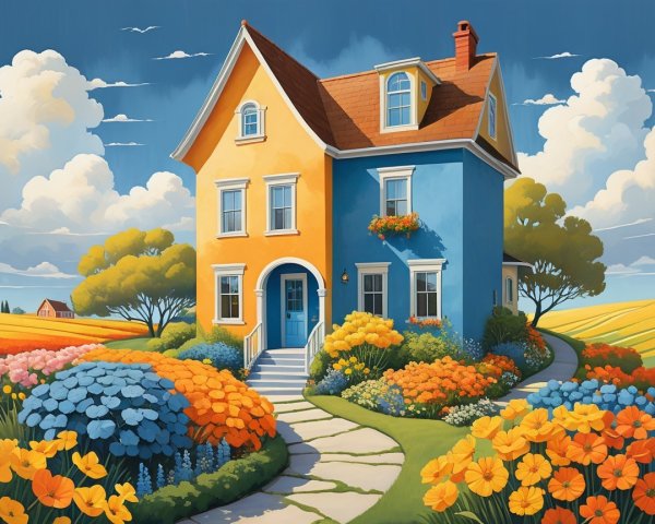 Charming Two-Story House with Colorful Flower Beds