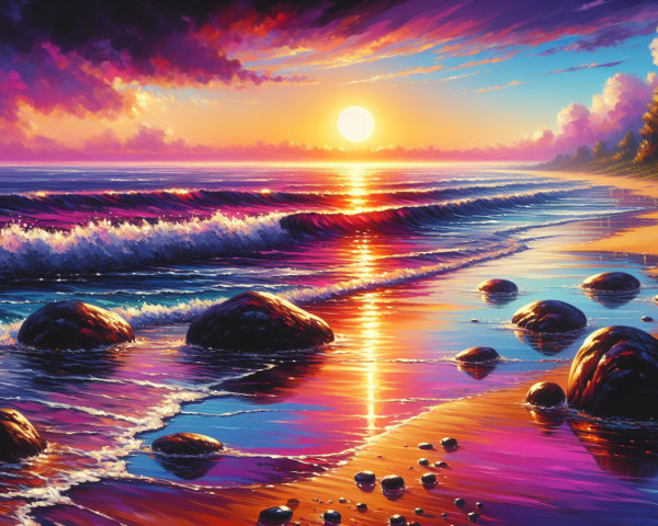 Vivid Sunset Over Coastal Landscape with Gentle Waves