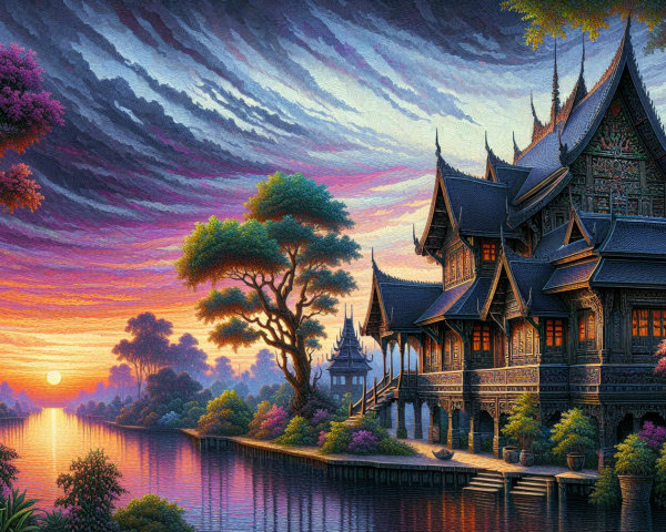Lakeside Scene with Traditional House and Sunset Colors