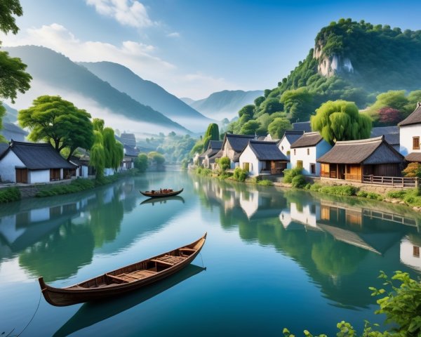 Serene River Landscape with Traditional Houses and Hills