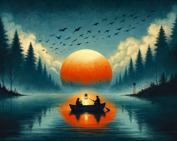 Twilight Scene on a Tranquil Lake with Lantern Light