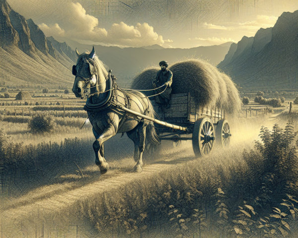 Farmer with Horse-Drawn Cart in Serene Landscape