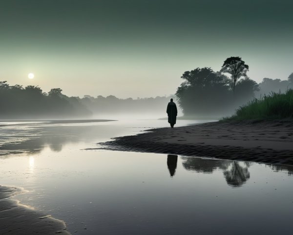 Serene Riverbank Scene at Dawn with Mist and Light
