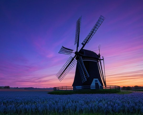 Dusk Scene with Windmill and Lavender Field