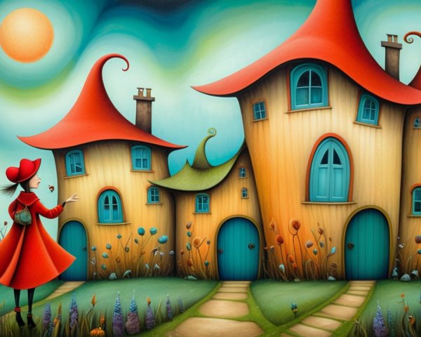 Whimsical Landscape with Oversized Houses and Flowers