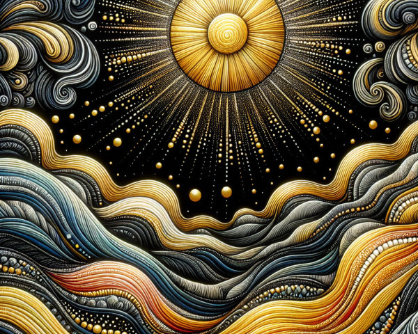 Radiant Sun and Textured Waves in Vibrant Artwork
